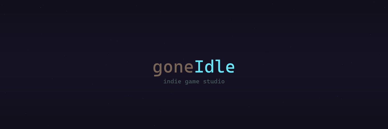 goneIdle studio banner — goneIdle wordmark in grey and cyan with indie game studio subtitle on a dark starlit background